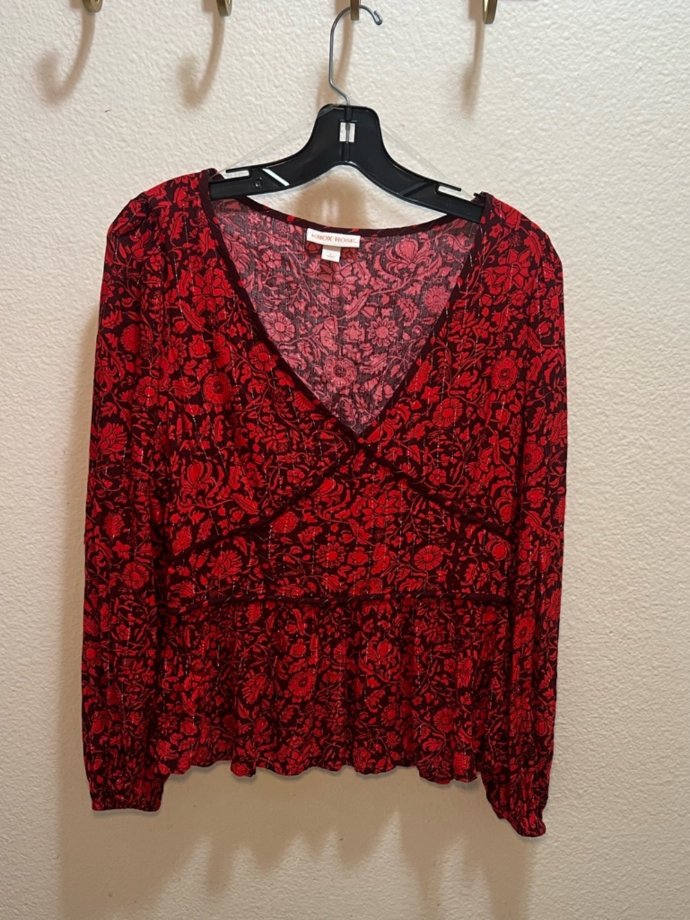 Boho Inspired Red and Black Floral Long Sleeve blouse with black trim